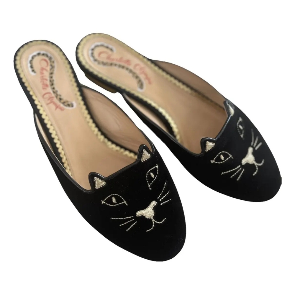 Charlotte Olympia Women's Kitty Embroidered Velvet Mules